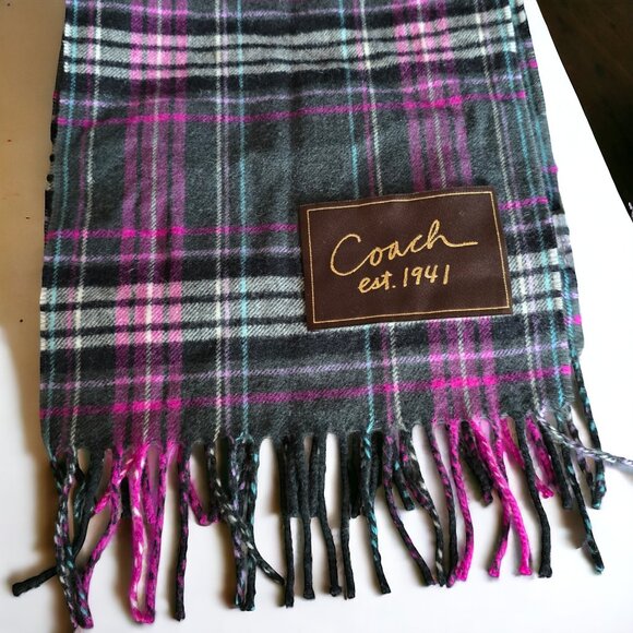 NWOT COACH Purple Tartan Check Plain Wool/Cashmere Scarf - Picture 2 of 3
